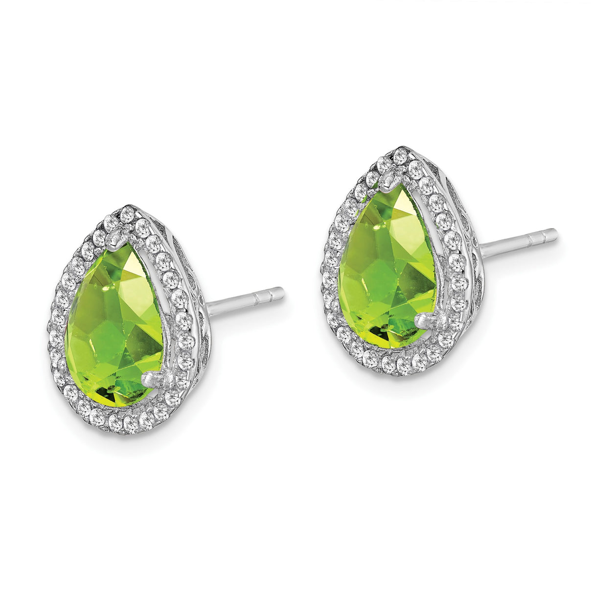 Sterling Silver Teardrop Stud Earrings with Green Gemstone and Cubic Zirconia Halo