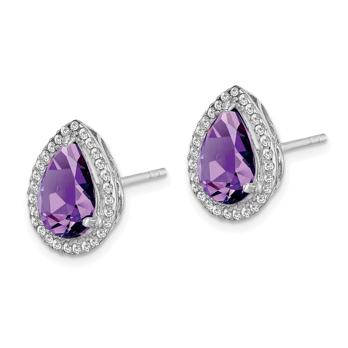 Sterling Silver Teardrop Stud Earrings with Cubic Zirconia and Amethyst, Halo Vintage Design