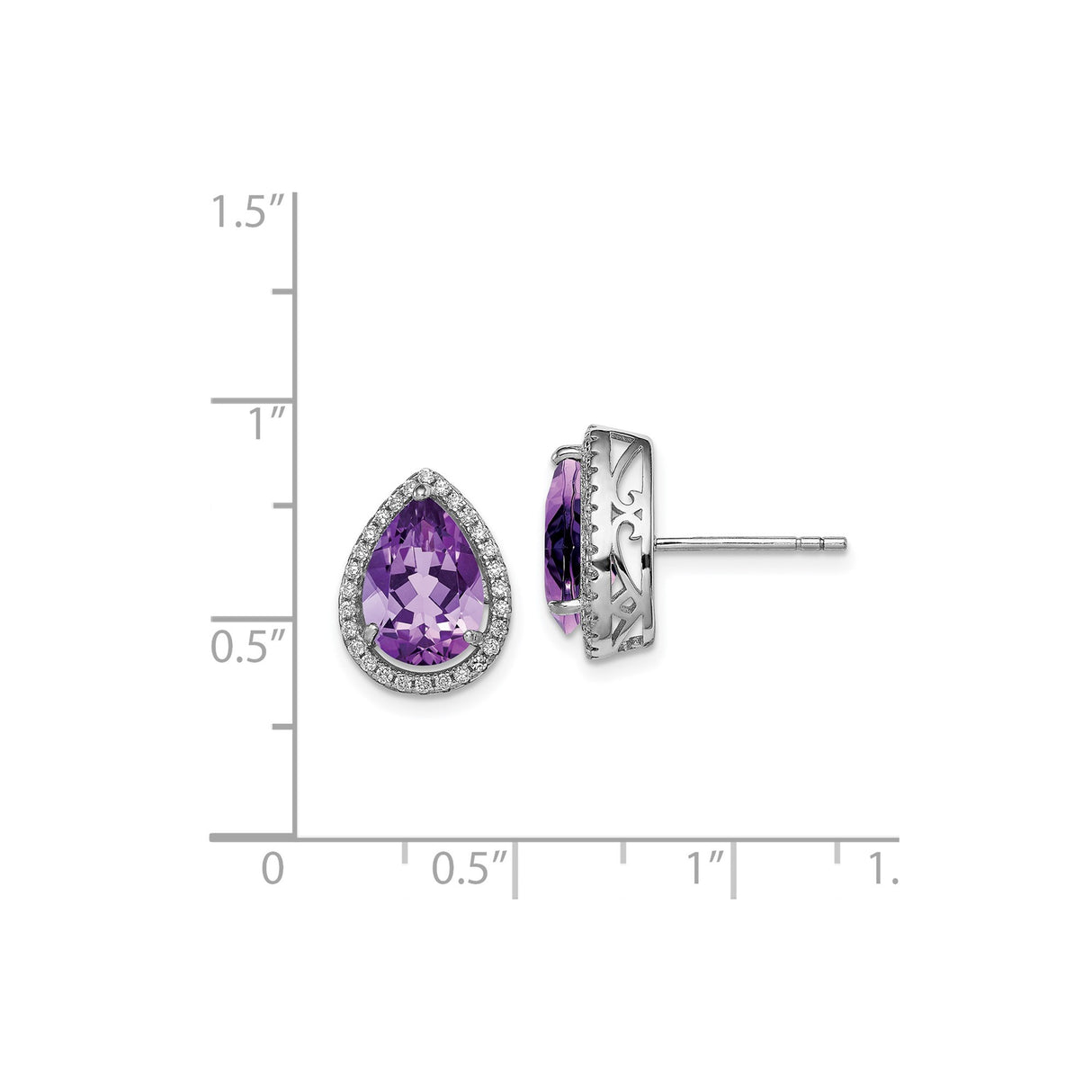 Sterling Silver Teardrop Stud Earrings with Cubic Zirconia and Amethyst, Halo Vintage Design