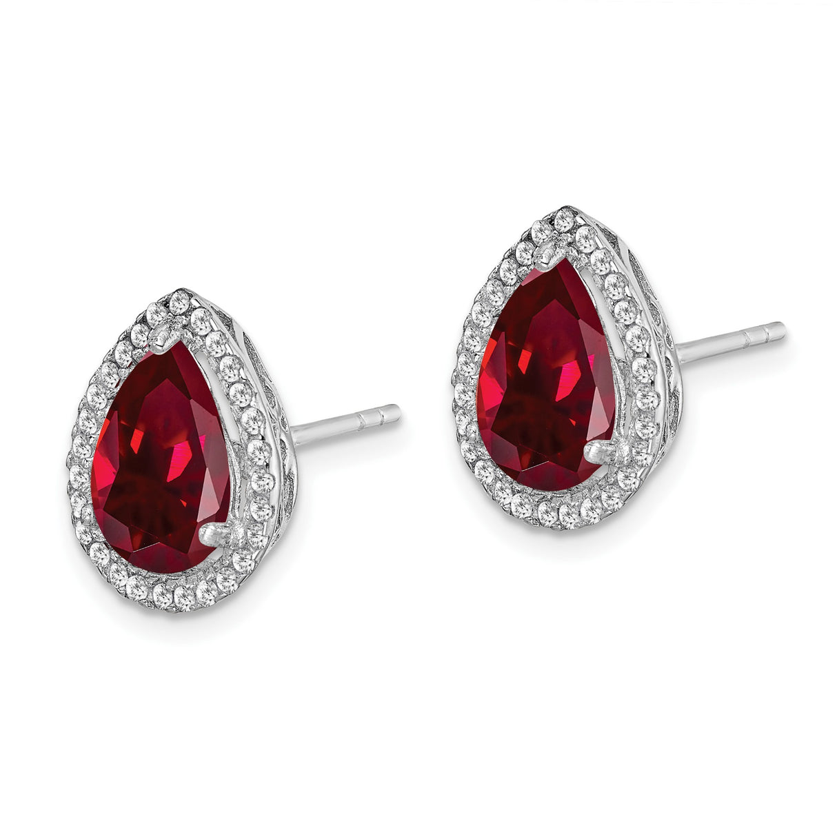 Sterling Silver Teardrop Stud Earrings with Lab Created Ruby and Cubic Zirconia Halo