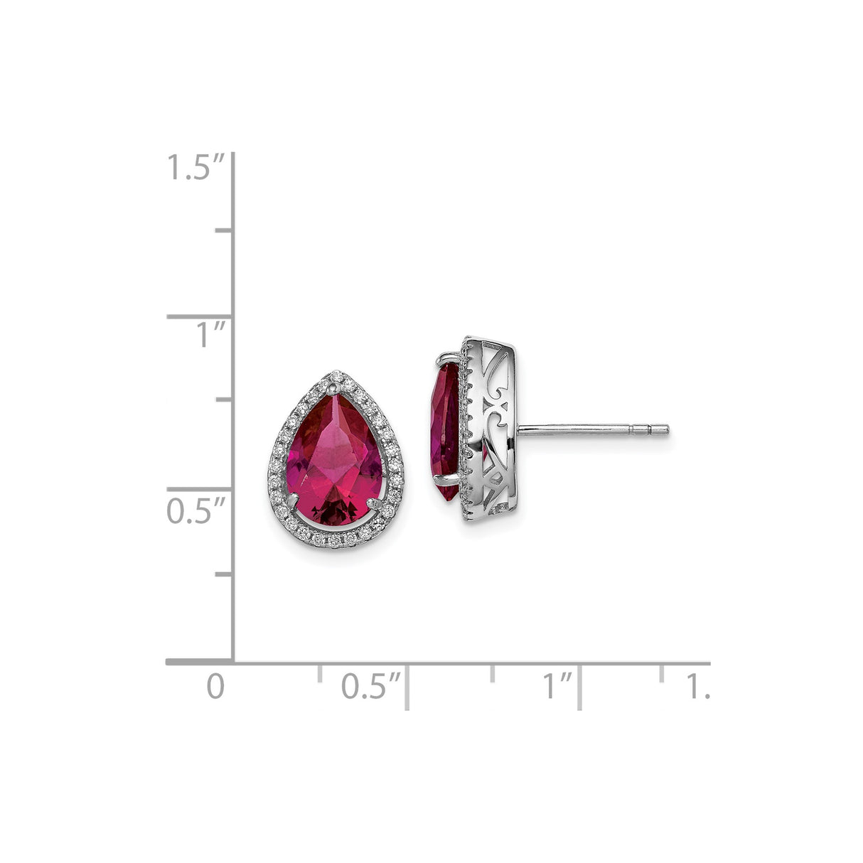 Sterling Silver Teardrop Stud Earrings with Lab Created Ruby and Cubic Zirconia Halo