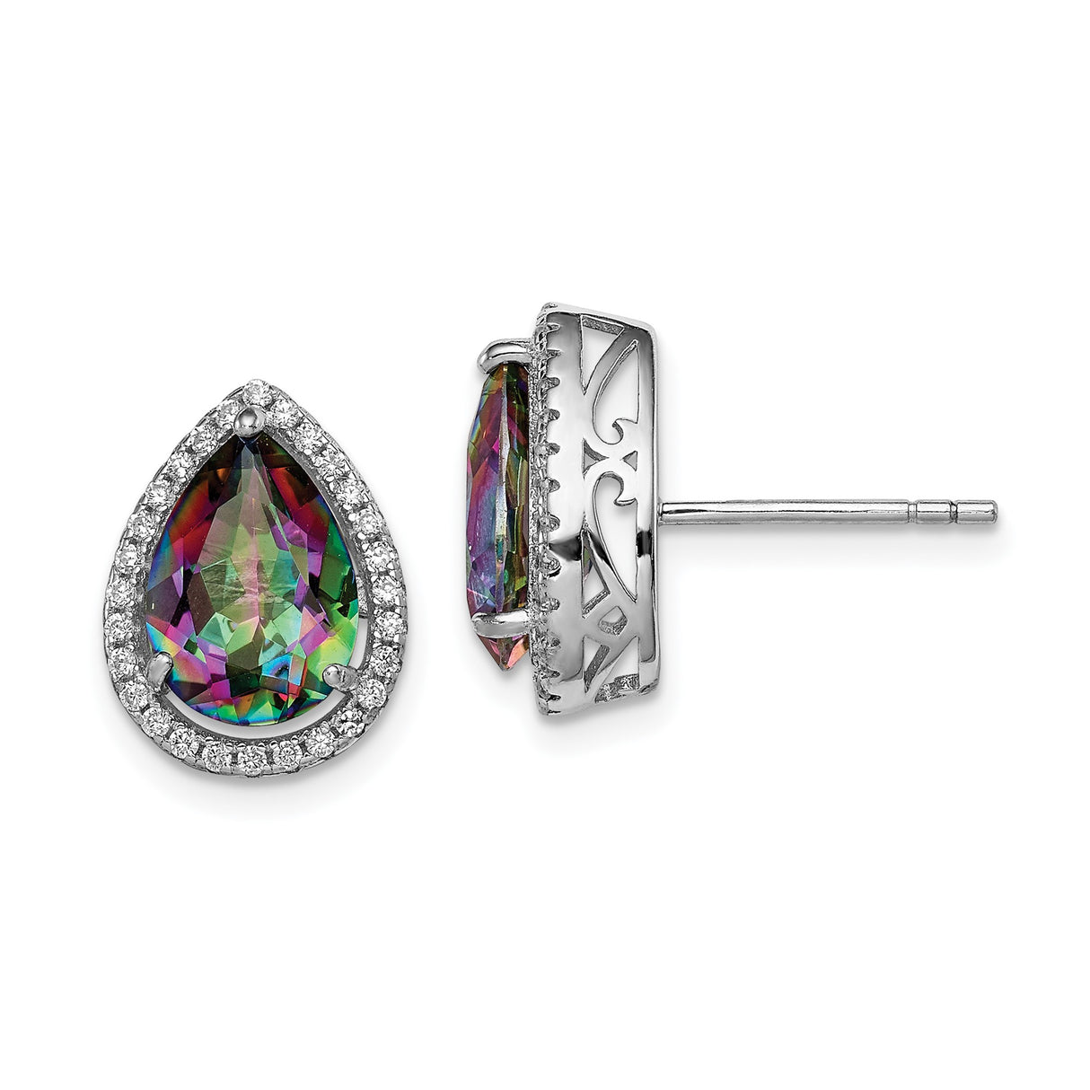 Sterling Silver Teardrop Stud Earrings with Mystic Fire Topaz and Cubic Zirconia, Vintage Design
