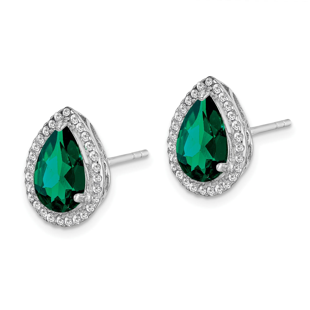 Sterling Silver Teardrop Stud Earrings with Green Gemstone and Cubic Zirconia Halo
