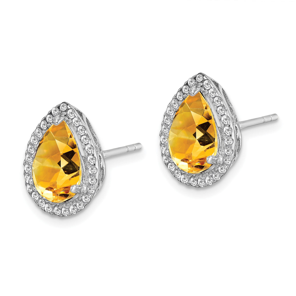 Sterling Silver Citrine Stud Earrings with Cubic Zirconia Halo and Scrollwork Detail