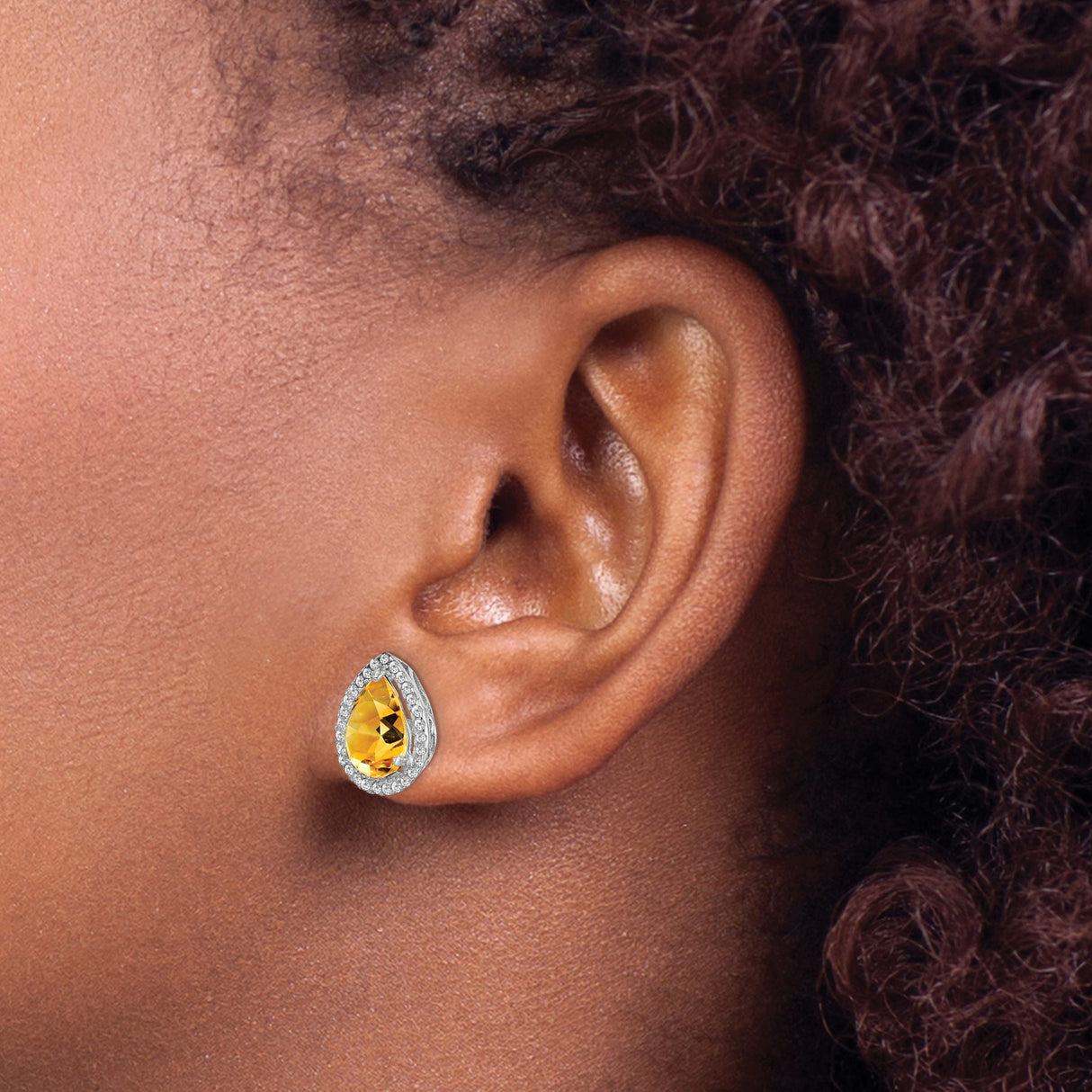 Sterling Silver Citrine Stud Earrings with Cubic Zirconia Halo and Scrollwork Detail