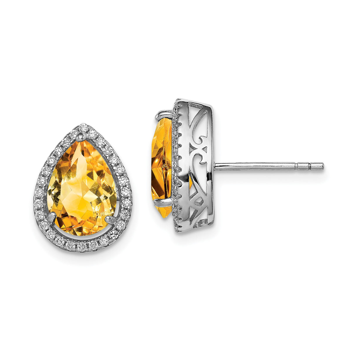 Sterling Silver Citrine Stud Earrings with Cubic Zirconia Halo and Scrollwork Detail