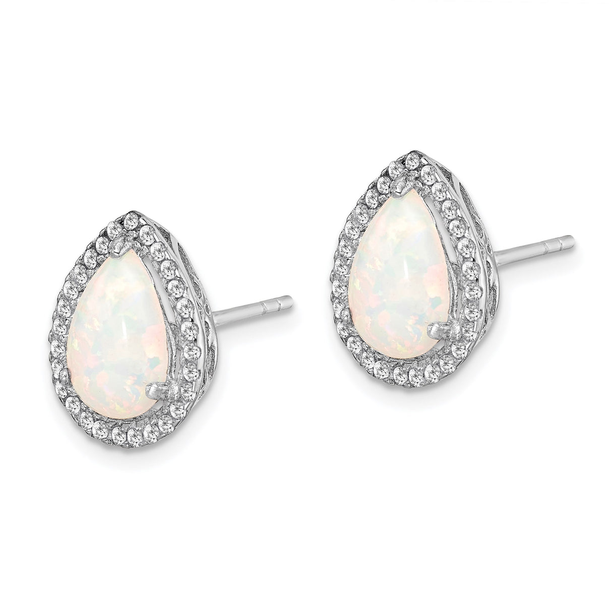 Sterling Silver Teardrop Stud Earrings with White Opal and Cubic Zirconia Halo