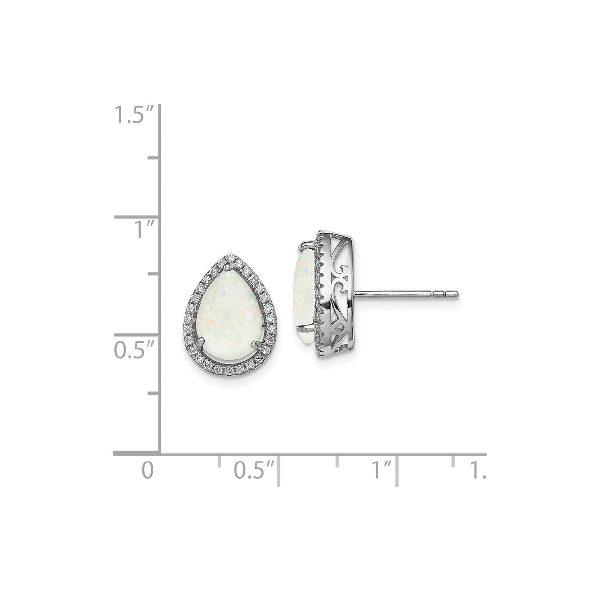 Sterling Silver Teardrop Stud Earrings with White Opal and Cubic Zirconia Halo