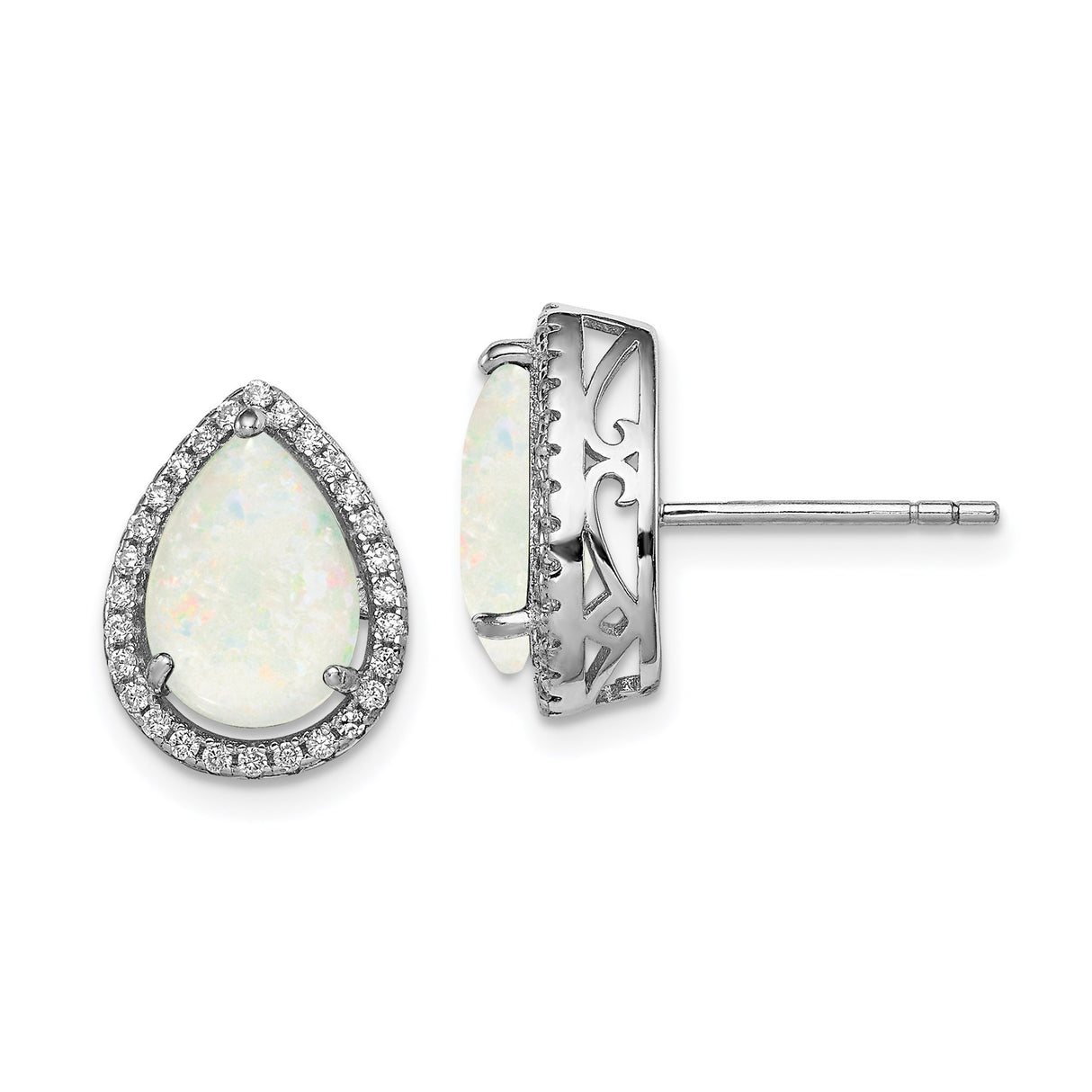 Sterling Silver Teardrop Stud Earrings with White Opal and Cubic Zirconia Halo