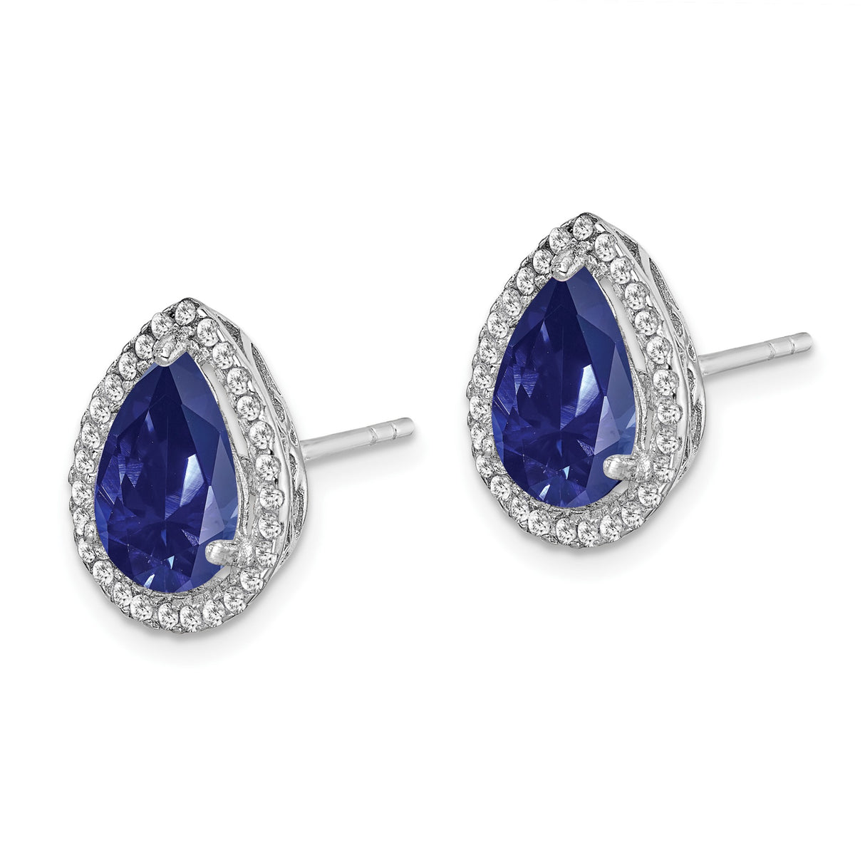 Sterling Silver Teardrop Stud Earrings with Lab-Created Sapphire and Cubic Zirconia Halo