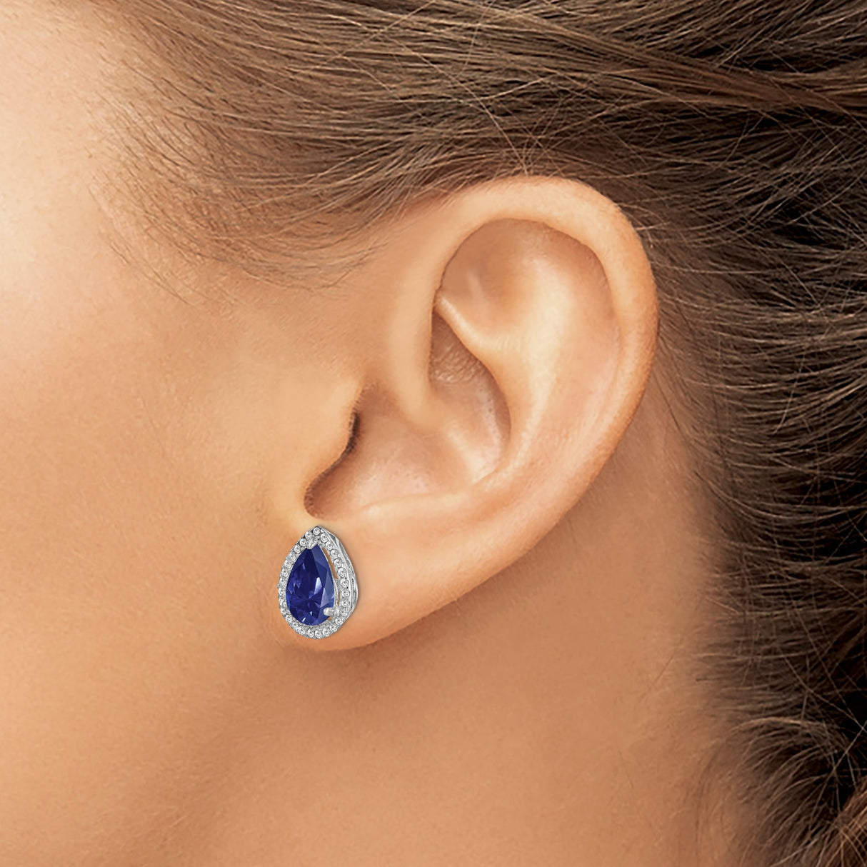 Sterling Silver Teardrop Stud Earrings with Lab-Created Sapphire and Cubic Zirconia Halo