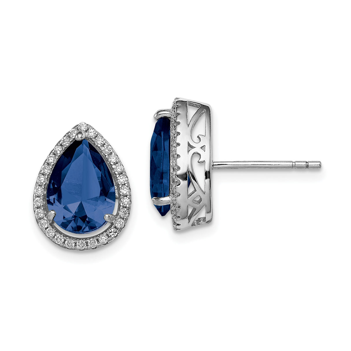 Sterling Silver Teardrop Stud Earrings with Lab-Created Sapphire and Cubic Zirconia Halo