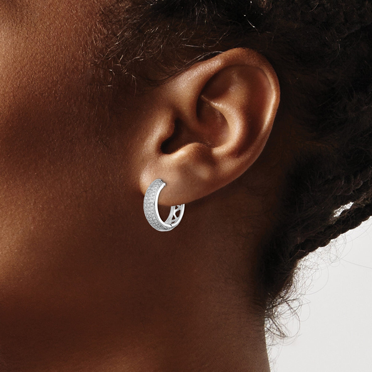 Sterling Silver Hoop Earrings with Pavé-Set Diamonds, Lightweight Hinged Design