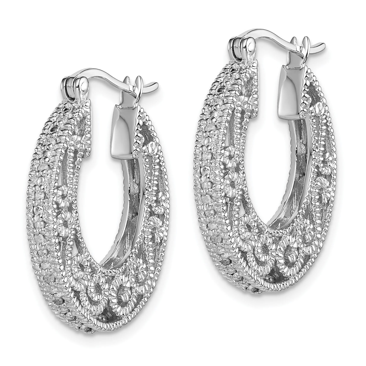 Sterling Silver Hoop Earrings with Diamond Accents, Filigree Scroll Design, Vintage Style