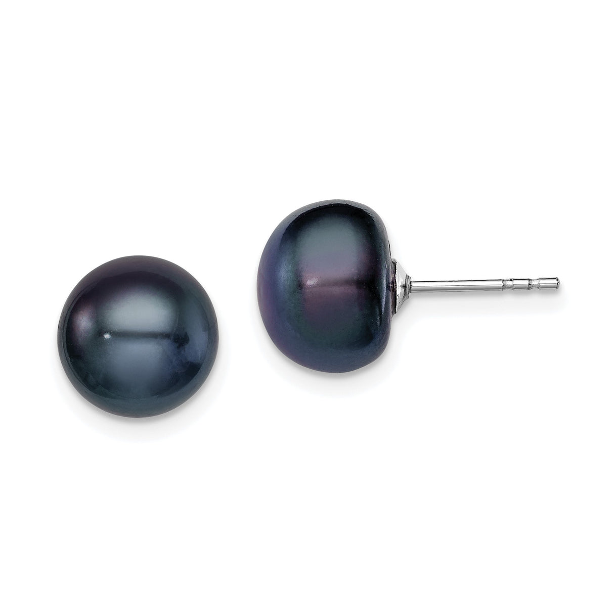 Sterling Silver Stud Earrings with Black Freshwater Cultured Pearls, Classic Round Button Style