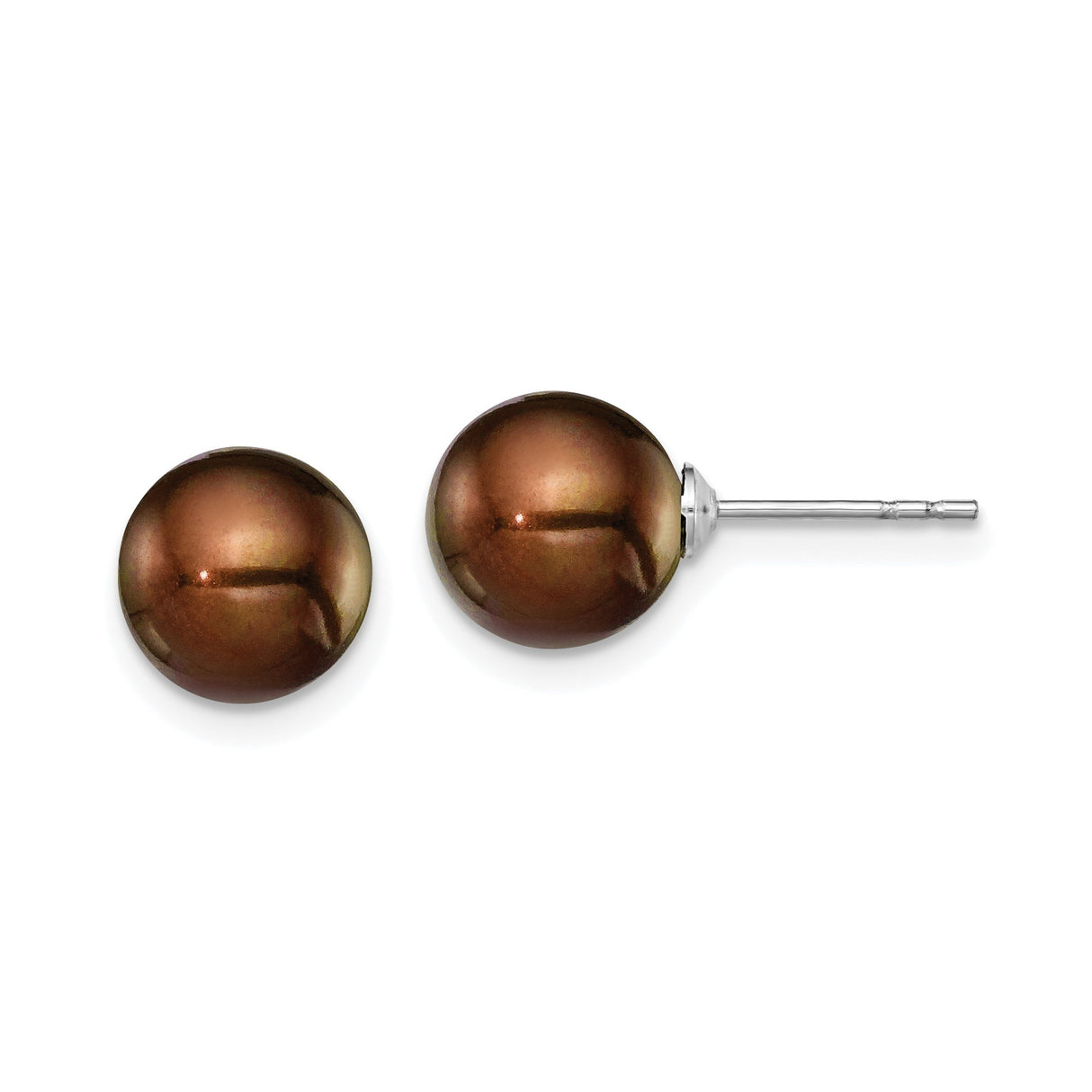 Sterling Silver Stud Earrings with Brown Cultured Freshwater Pearls, 8-9mm Round, High-Luster Finish