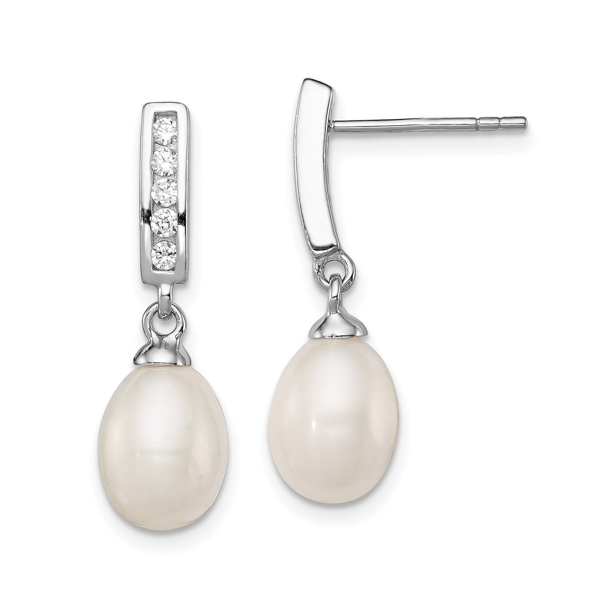 Sterling Silver Drop Earrings with Freshwater Cultured Pearls and Cubic Zirconia Accents
