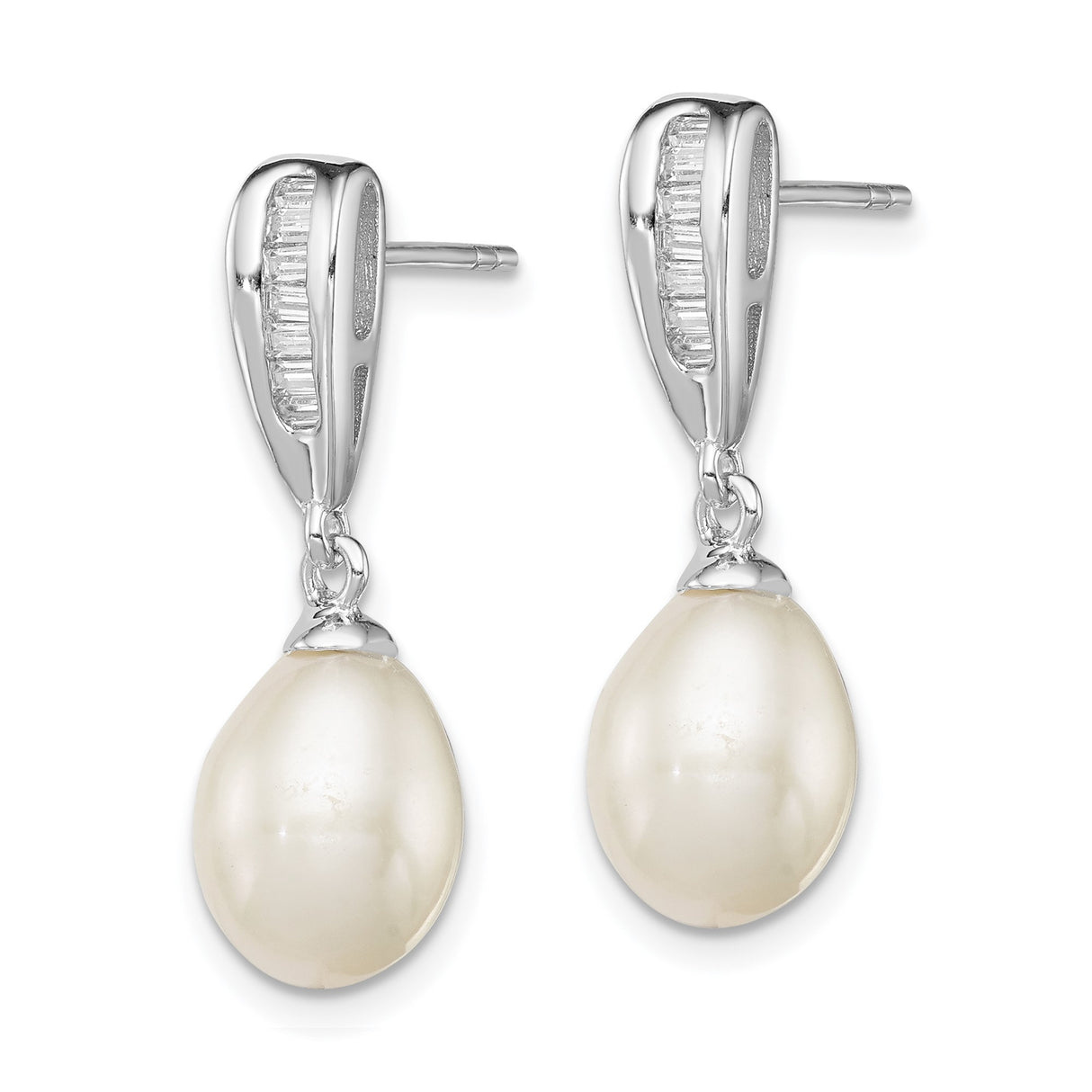 Sterling Silver Drop Earrings with Freshwater Pearls and Cubic Zirconia Baguette Accents