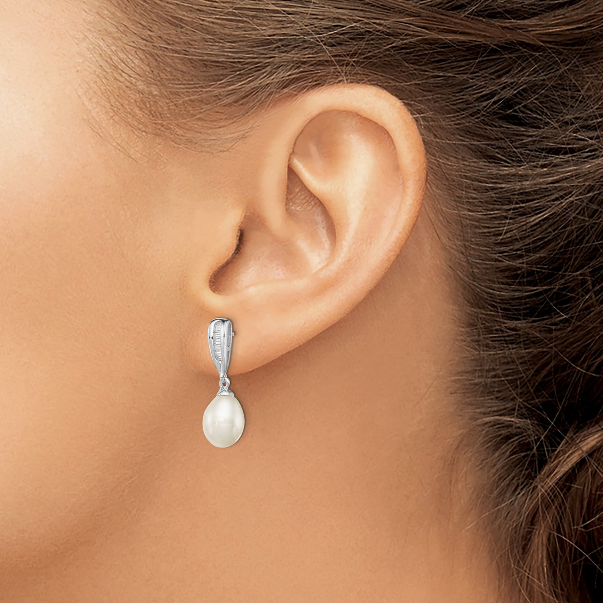 Sterling Silver Drop Earrings with Freshwater Pearls and Cubic Zirconia Baguette Accents