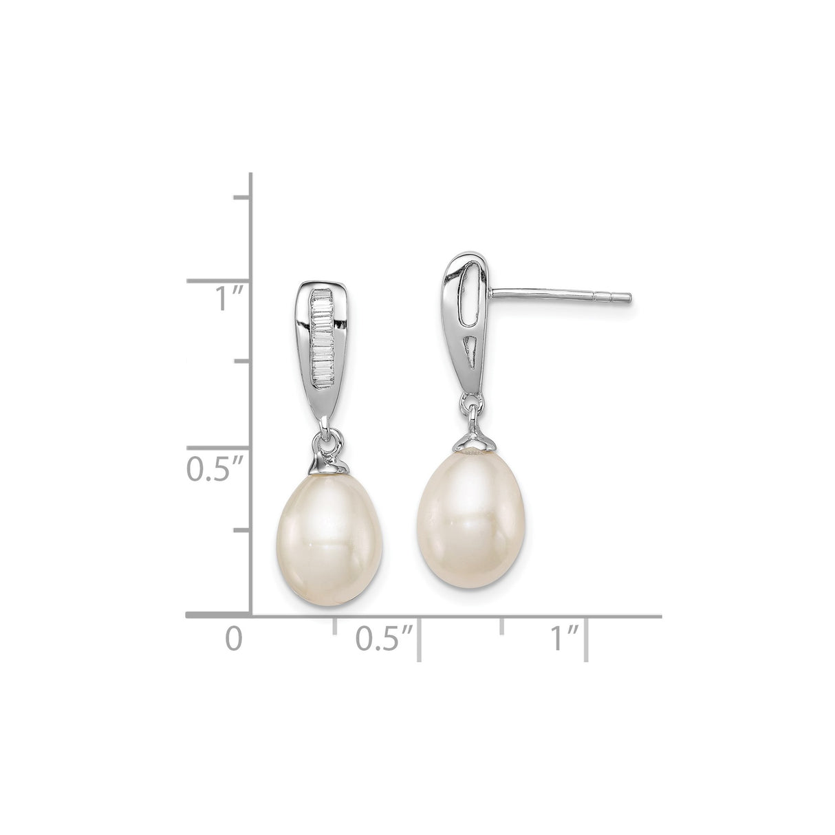 Sterling Silver Drop Earrings with Freshwater Pearls and Cubic Zirconia Baguette Accents