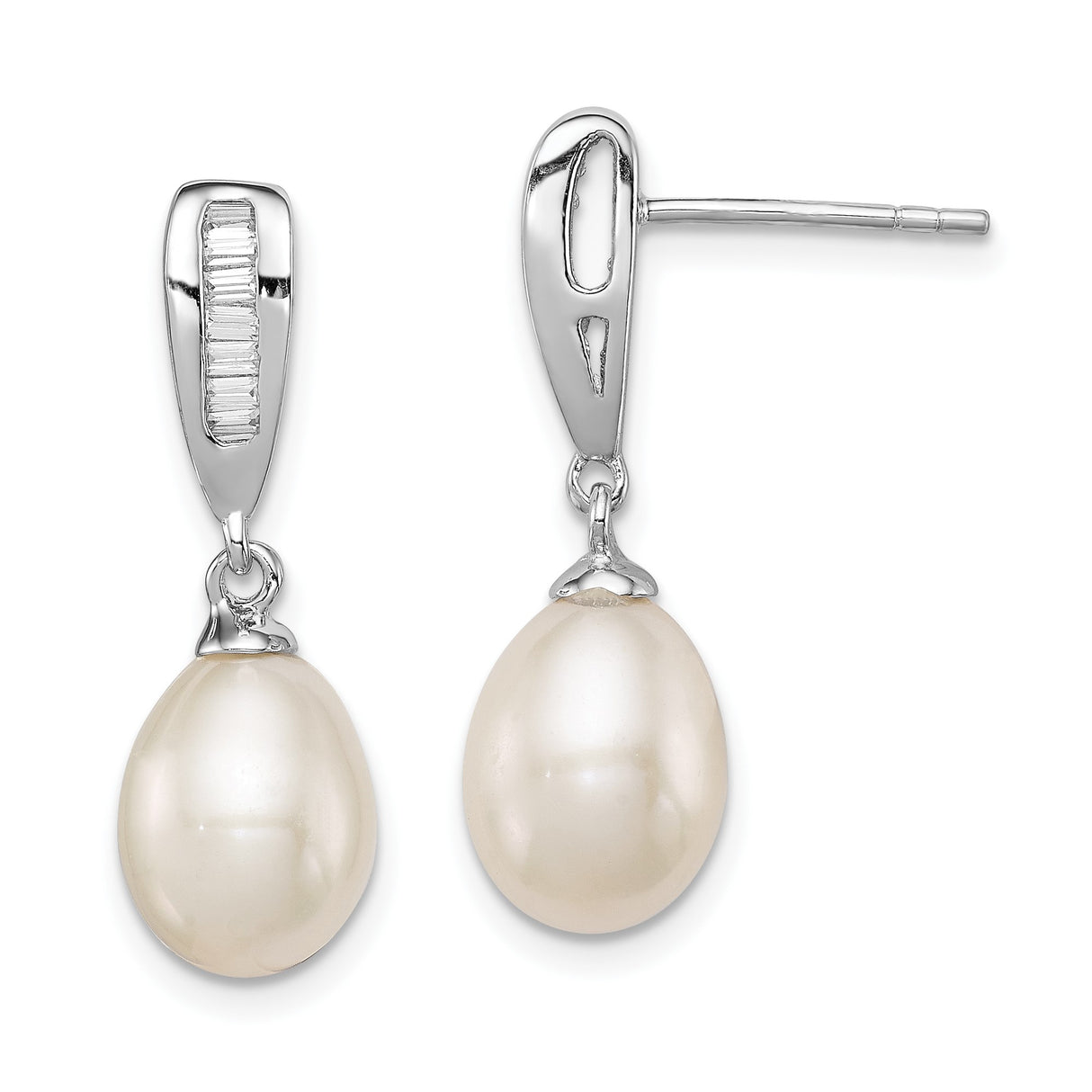 Sterling Silver Drop Earrings with Freshwater Pearls and Cubic Zirconia Baguette Accents