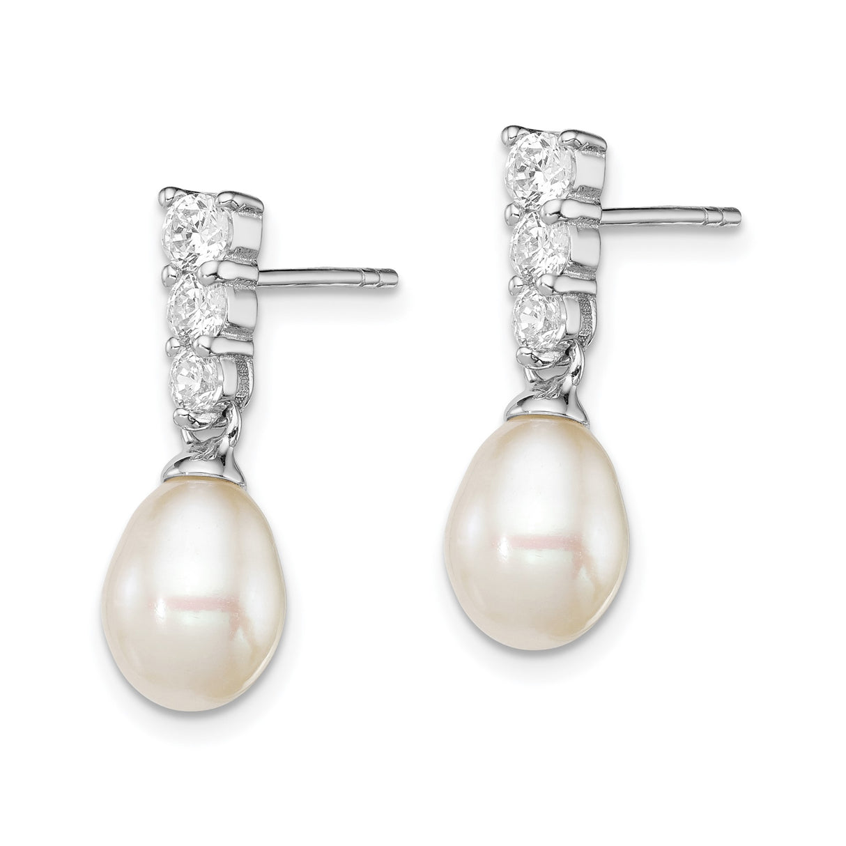 Sterling Silver Dangle Earrings with Cubic Zirconia and Teardrop Freshwater Pearl, Bridal Style