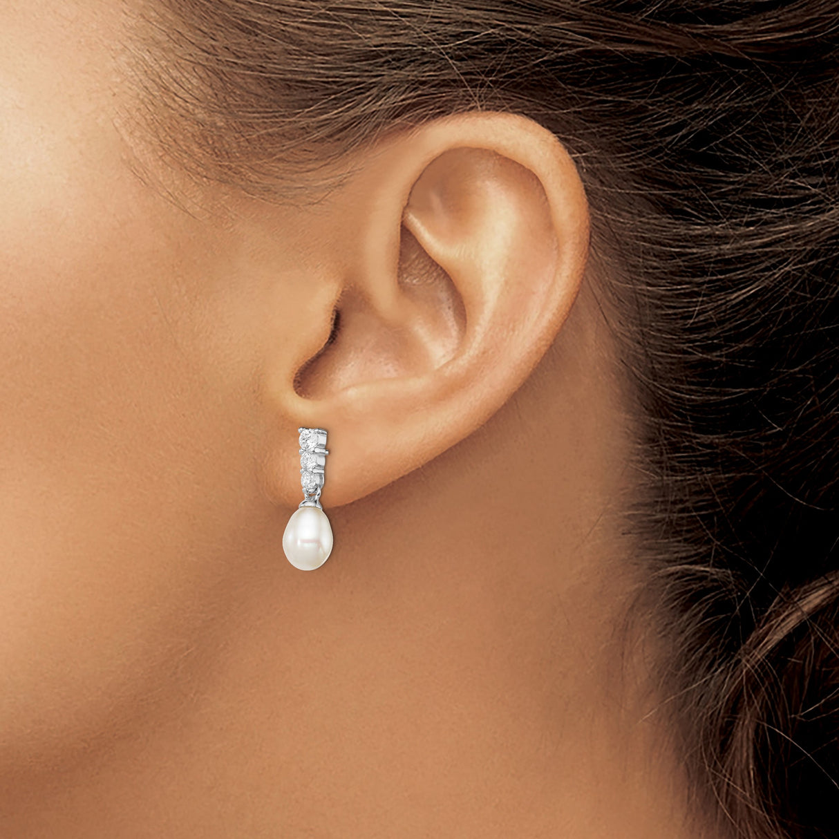Sterling Silver Dangle Earrings with Cubic Zirconia and Teardrop Freshwater Pearl, Bridal Style