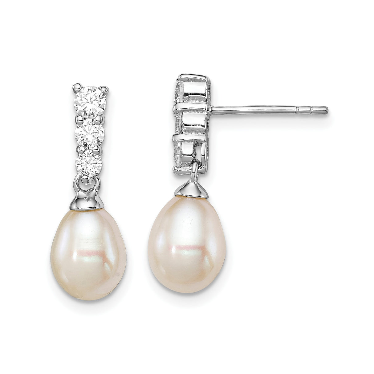 Sterling Silver Dangle Earrings with Cubic Zirconia and Teardrop Freshwater Pearl, Bridal Style