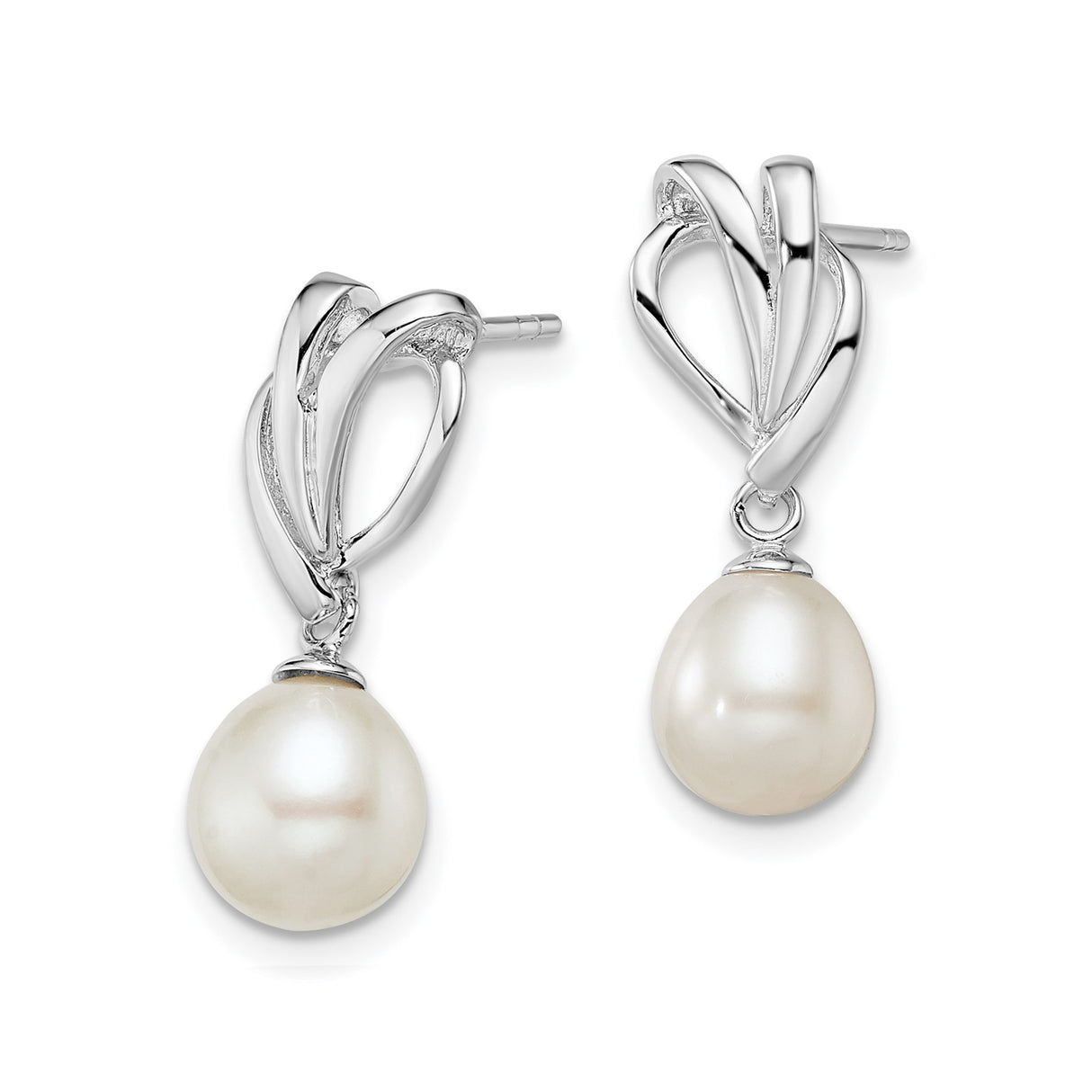 Sterling Silver Dangle Earrings with Twisted Heart Design and White Freshwater Cultured Pearl