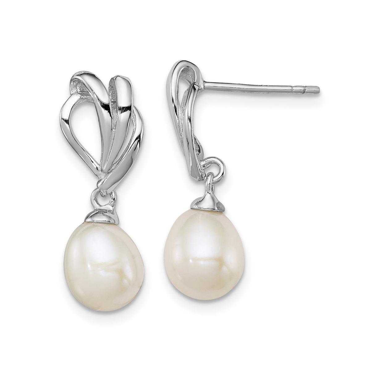 Sterling Silver Dangle Earrings with Twisted Heart Design and White Freshwater Cultured Pearl