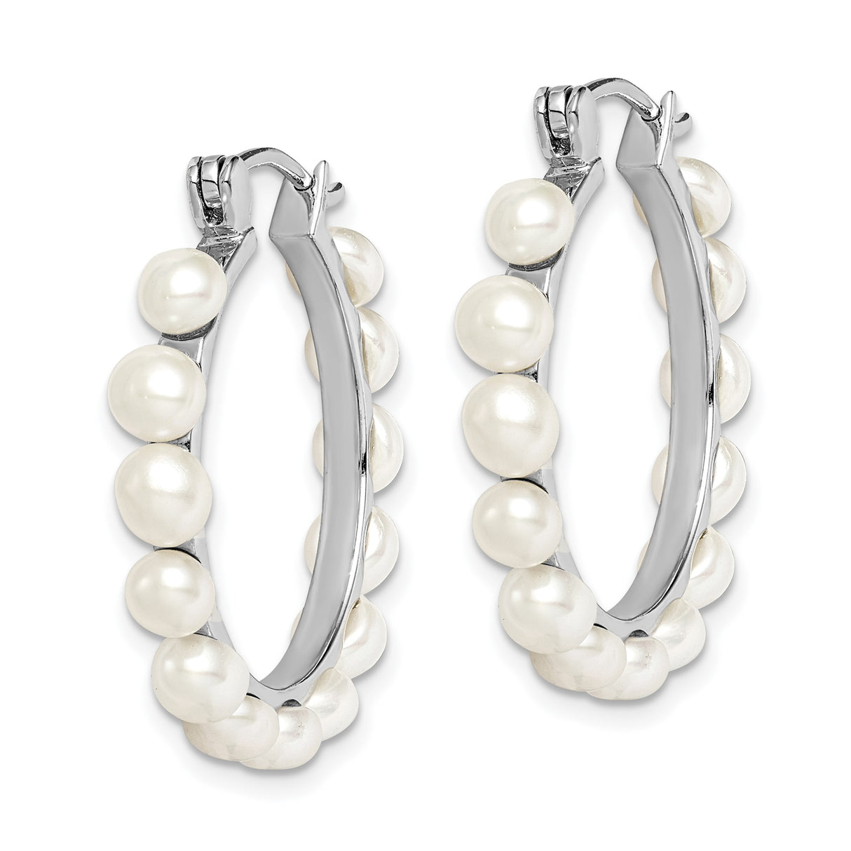 Sterling Silver Hoop Earrings with White Freshwater Cultured Pearls, Classic Design