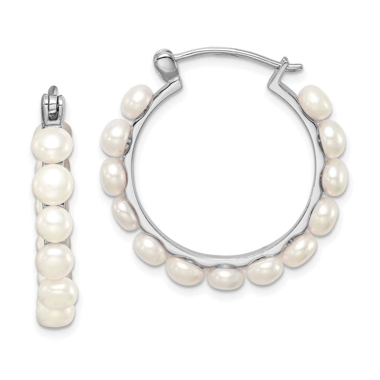 Sterling Silver Hoop Earrings with White Freshwater Cultured Pearls, Classic Design