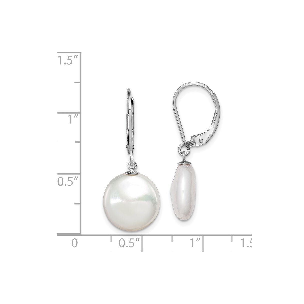 Sterling Silver Drop Earrings with White Freshwater Cultured Coin Pearls, Leverback Design