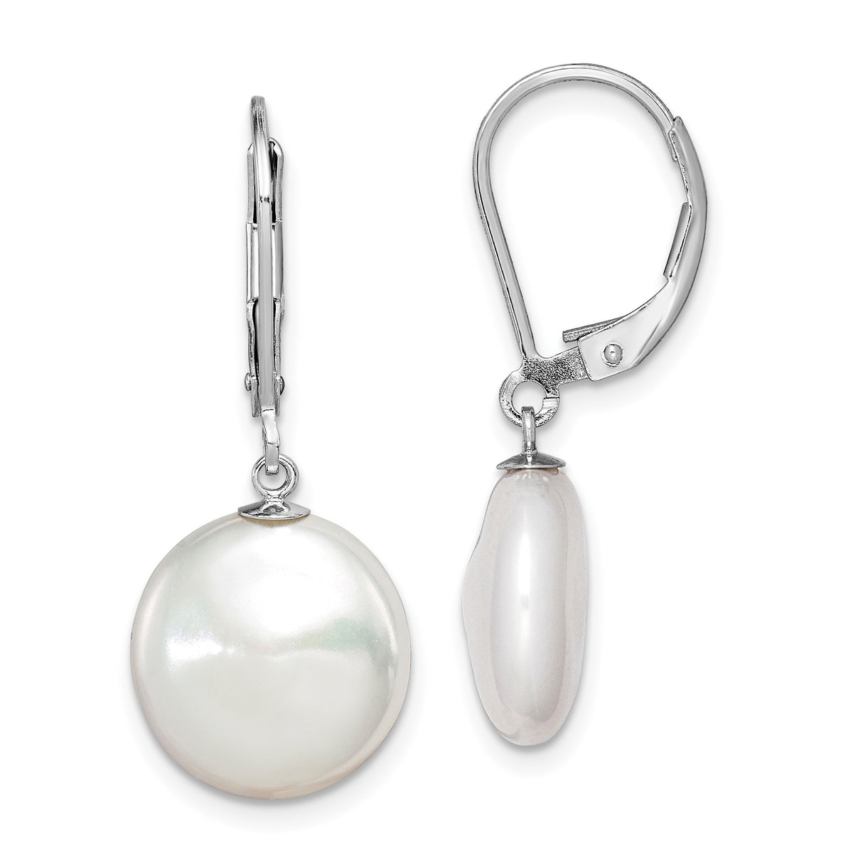 Sterling Silver Drop Earrings with White Freshwater Cultured Coin Pearls, Leverback Design