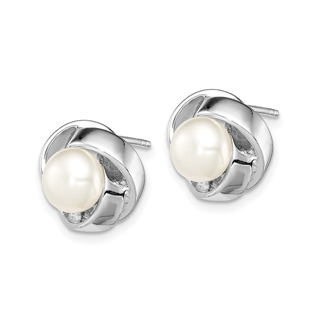 Sterling Silver Stud Earrings with White Freshwater Cultured Pearls, Twisted Knot Design