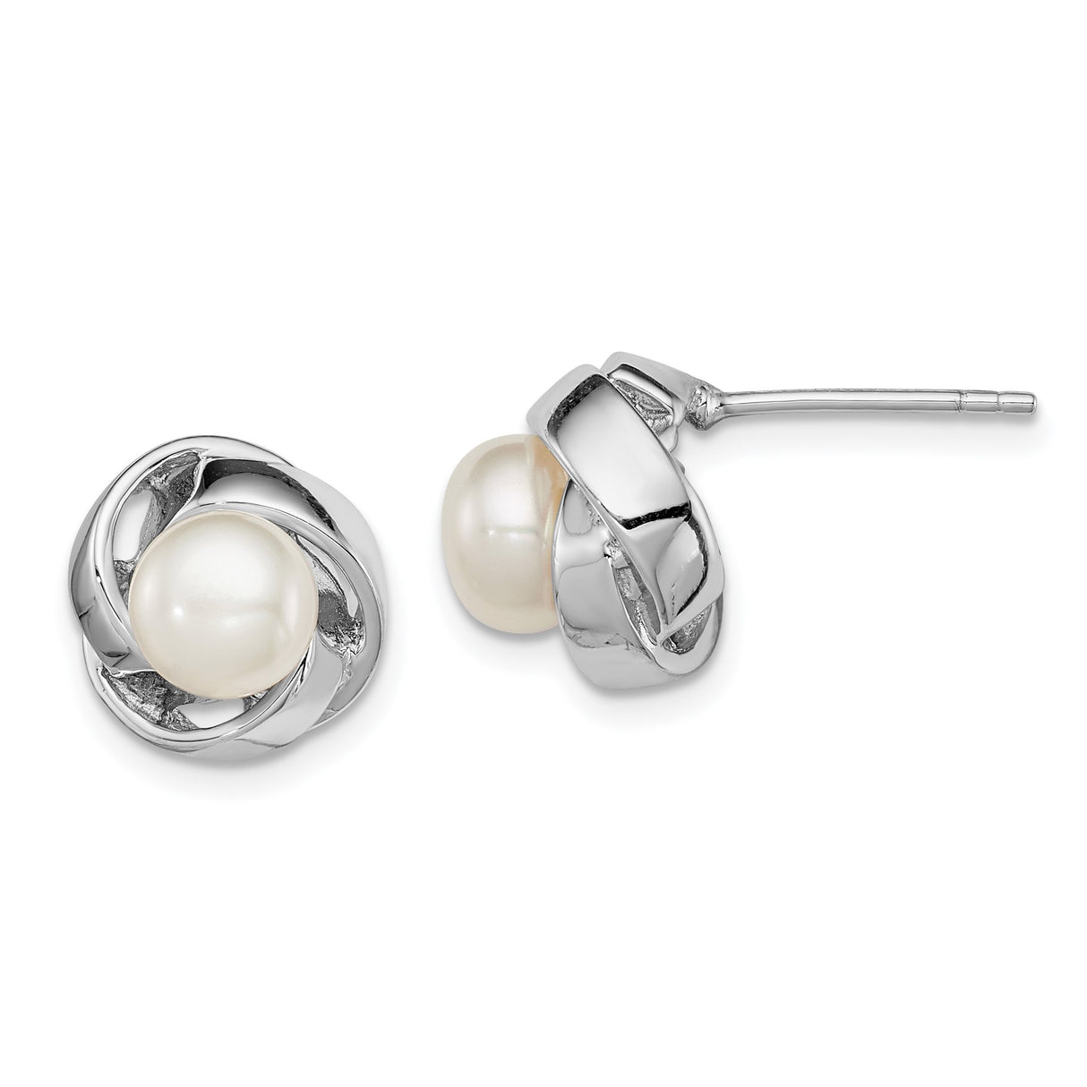 Sterling Silver Stud Earrings with White Freshwater Cultured Pearls, Twisted Knot Design