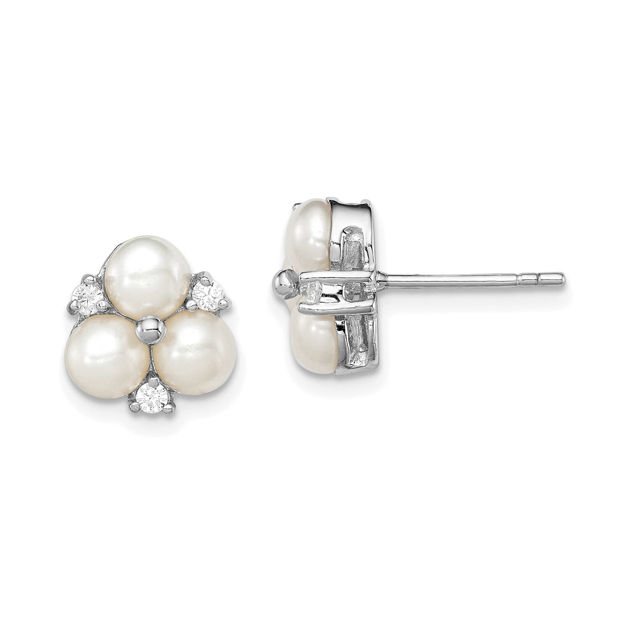 Sterling Silver Floral Stud Earrings with Cubic Zirconia and Freshwater Pearls