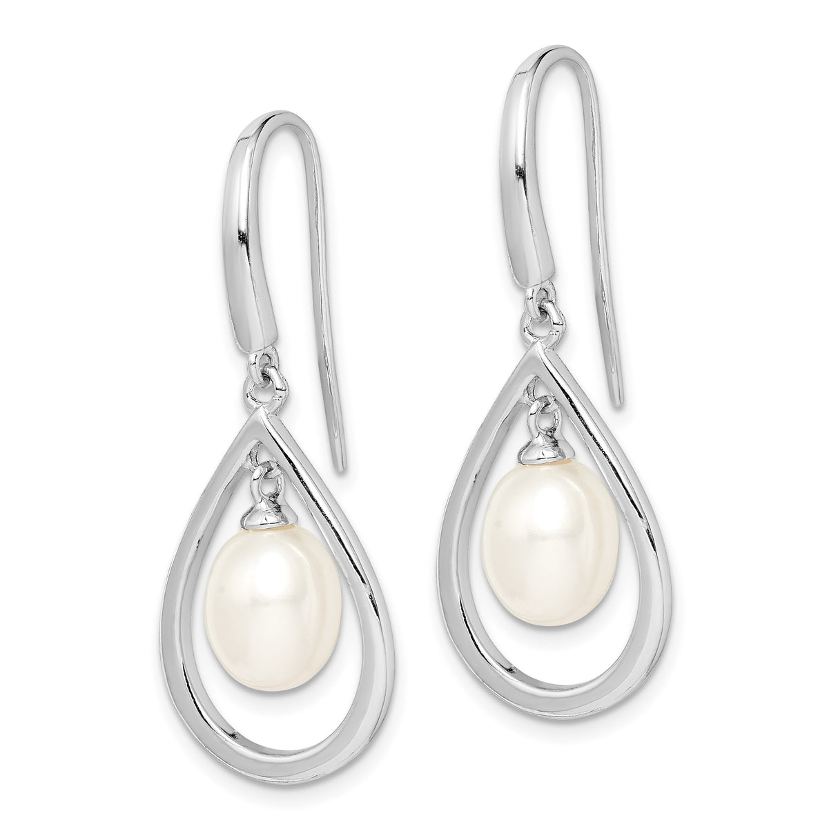 Sterling Silver Dangle Earrings with White Freshwater Pearls, Teardrop Open Frame Design