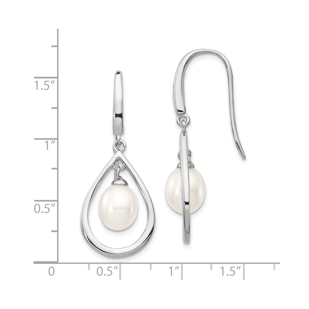 Sterling Silver Dangle Earrings with White Freshwater Pearls, Teardrop Open Frame Design