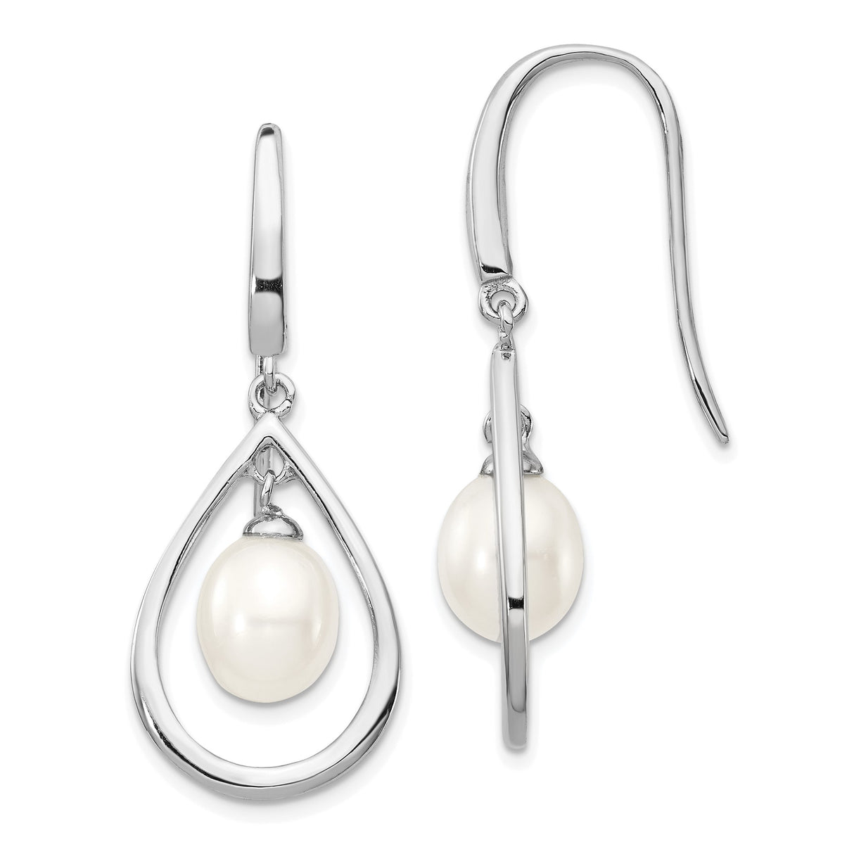 Sterling Silver Dangle Earrings with White Freshwater Pearls, Teardrop Open Frame Design