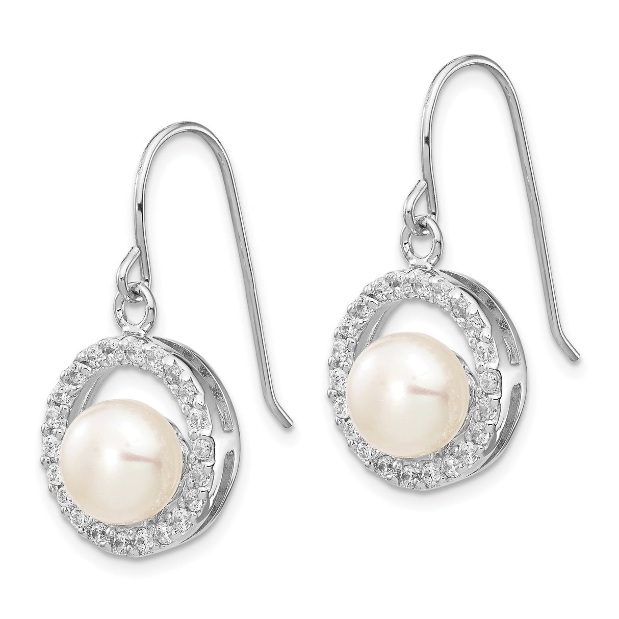 Sterling Silver Dangle Earrings with Freshwater Pearls and Cubic Zirconia Halo, Bridal Drop Style