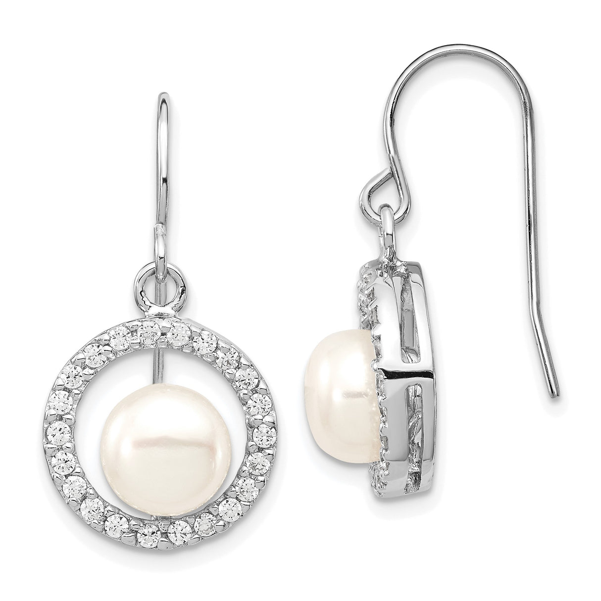 Sterling Silver Dangle Earrings with Freshwater Pearls and Cubic Zirconia Halo, Bridal Drop Style