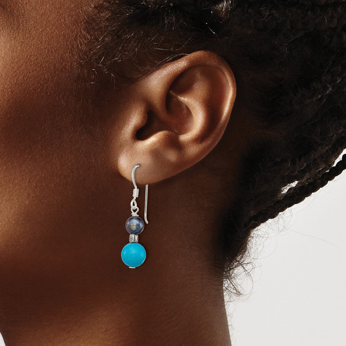 Sterling Silver Dangle Earrings with Turquoise and Freshwater Pearls, Boho Handmade Style