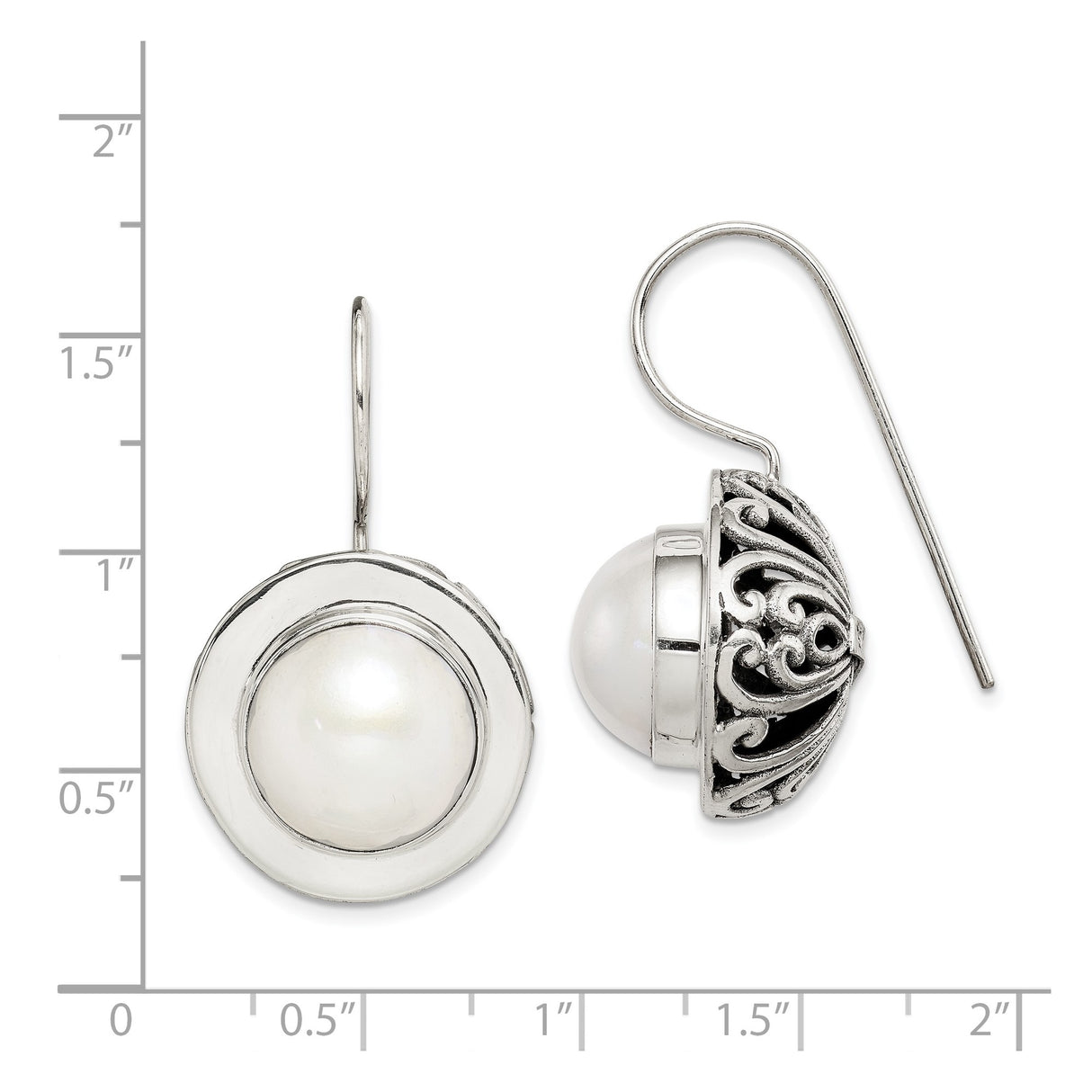 Sterling Silver Dangle Earrings with Round White Pearls, Vintage Filigree Scroll Design