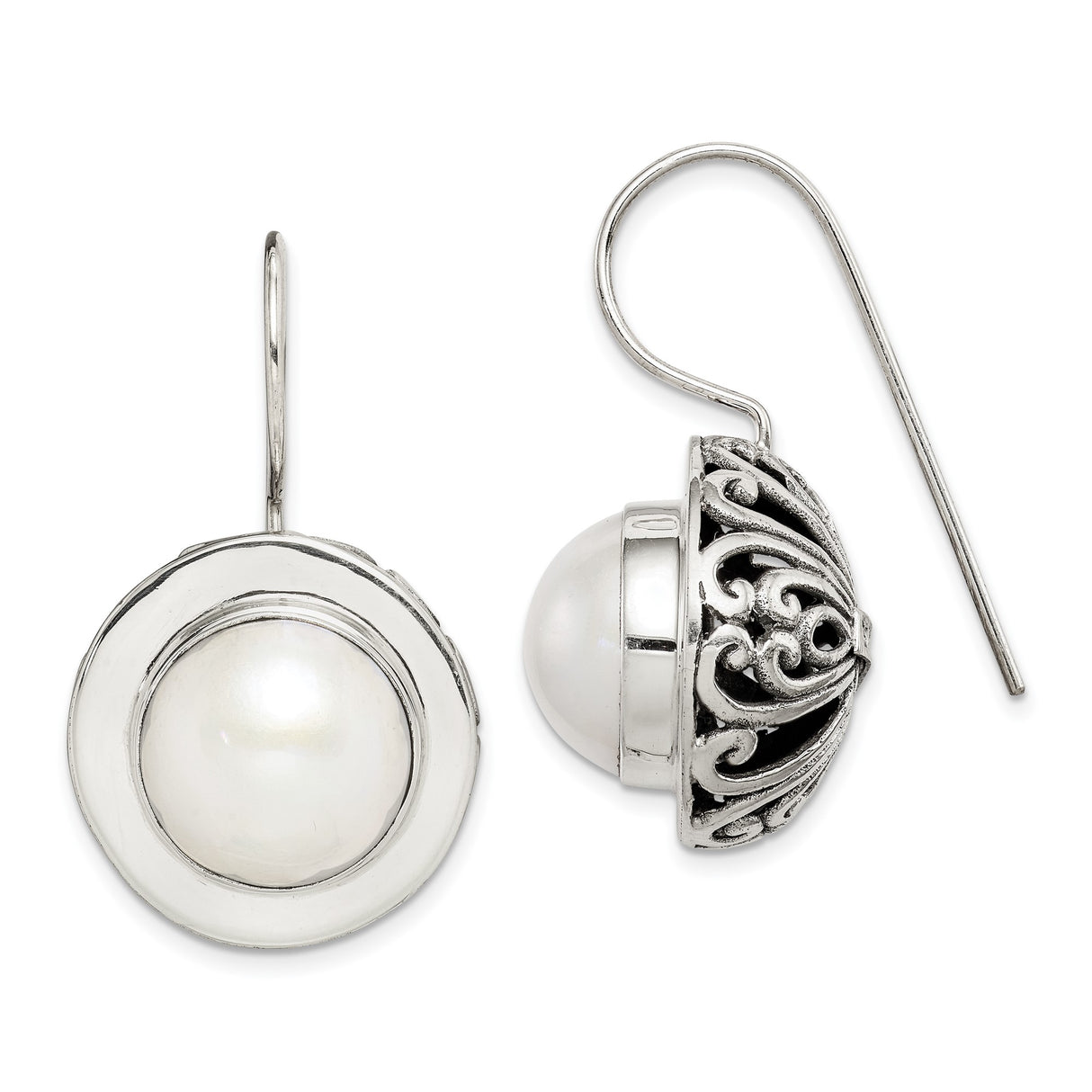 Sterling Silver Dangle Earrings with Round White Pearls, Vintage Filigree Scroll Design