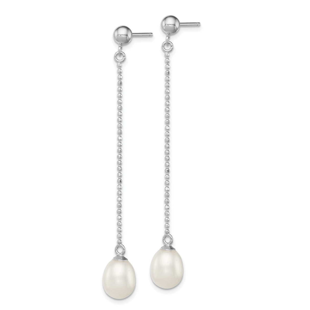 Sterling Silver Drop Earrings with White Freshwater Pearls, Beaded Chains, Teardrop Dangle Design