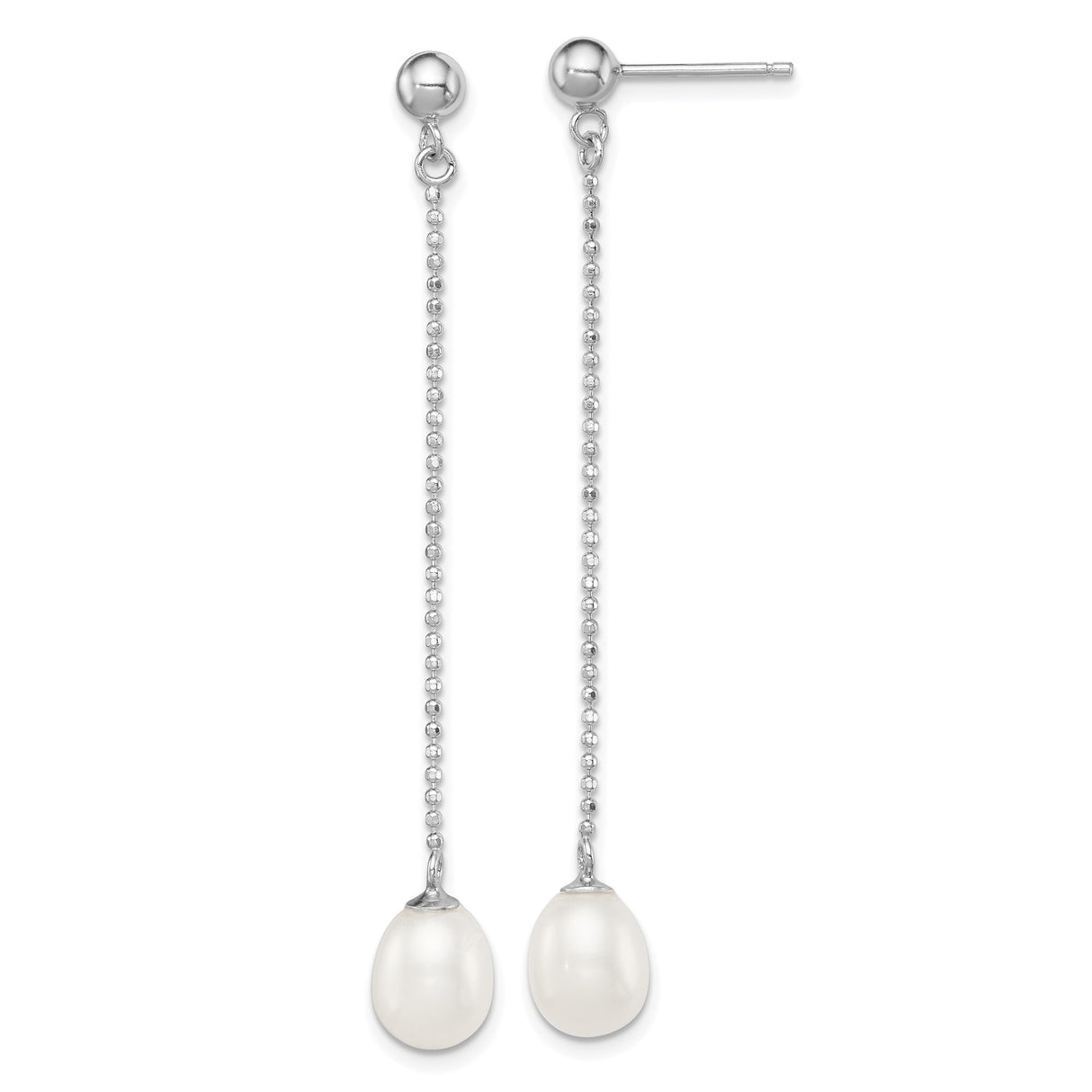 Sterling Silver Drop Earrings with White Freshwater Pearls, Beaded Chains, Teardrop Dangle Design