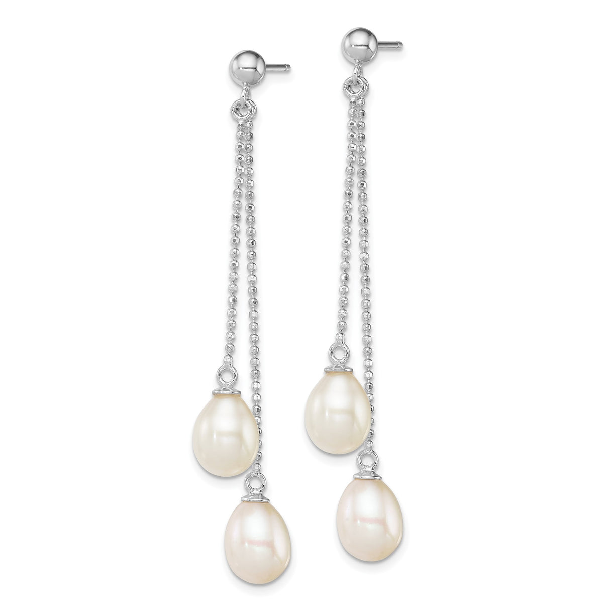 Sterling Silver Drop Earrings with Freshwater Cultured Pearls, Bead Chain Dangle Design