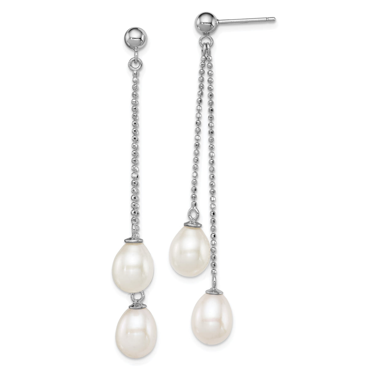 Sterling Silver Drop Earrings with Freshwater Cultured Pearls, Bead Chain Dangle Design