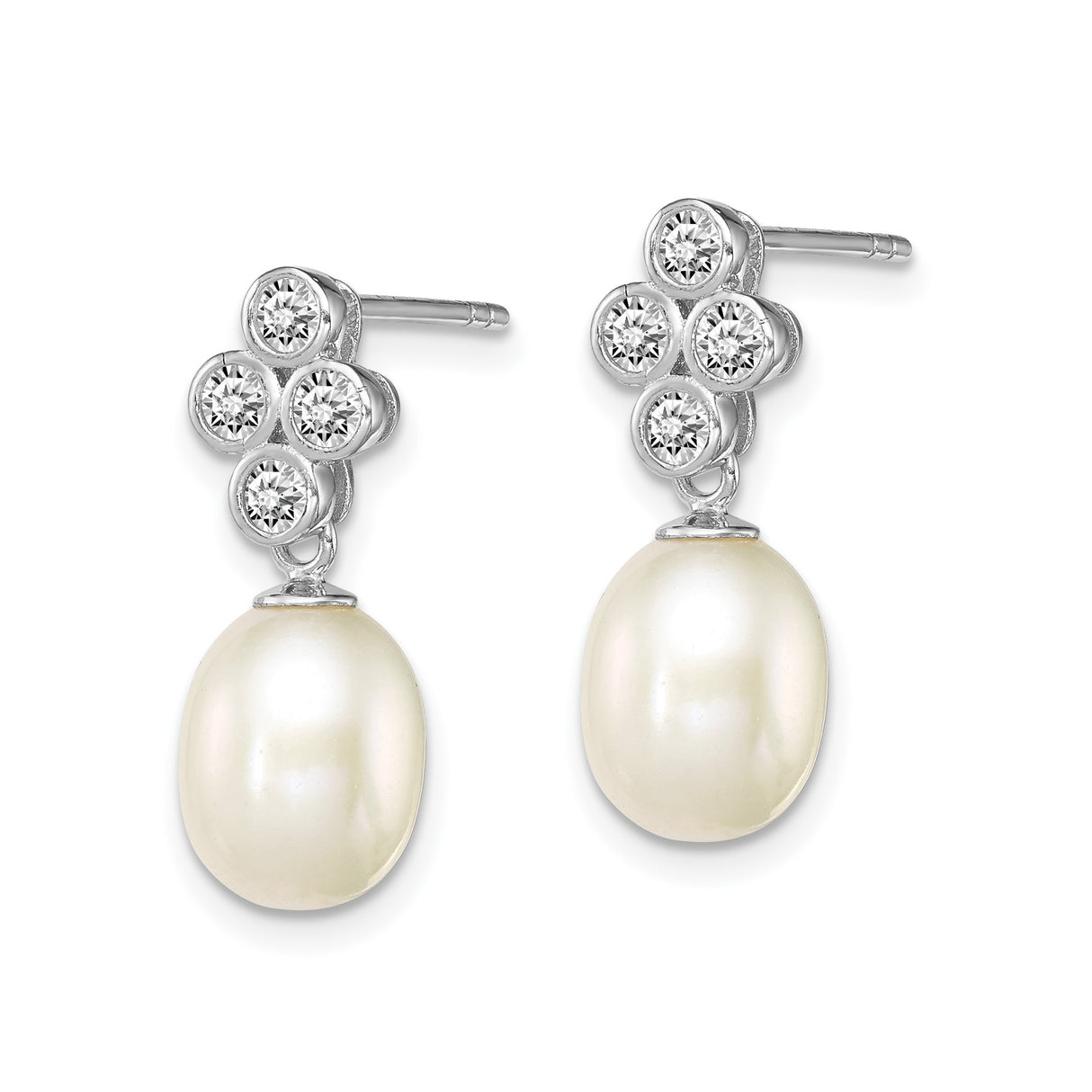 Sterling Silver Dangle Earrings with Cubic Zirconia and White Pearl Drop, Bridal Cluster Design